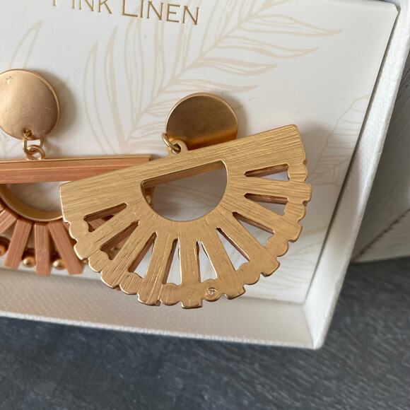 Pink Linen Boho Lightweight Wooden Half Circle Earrings NEW - Picture 2 of 6